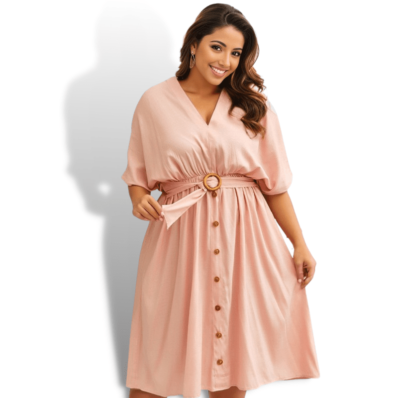 Plus Size Trendy Button Down Fit and Flare Pink Dress w Belt Sensationally Fabolous