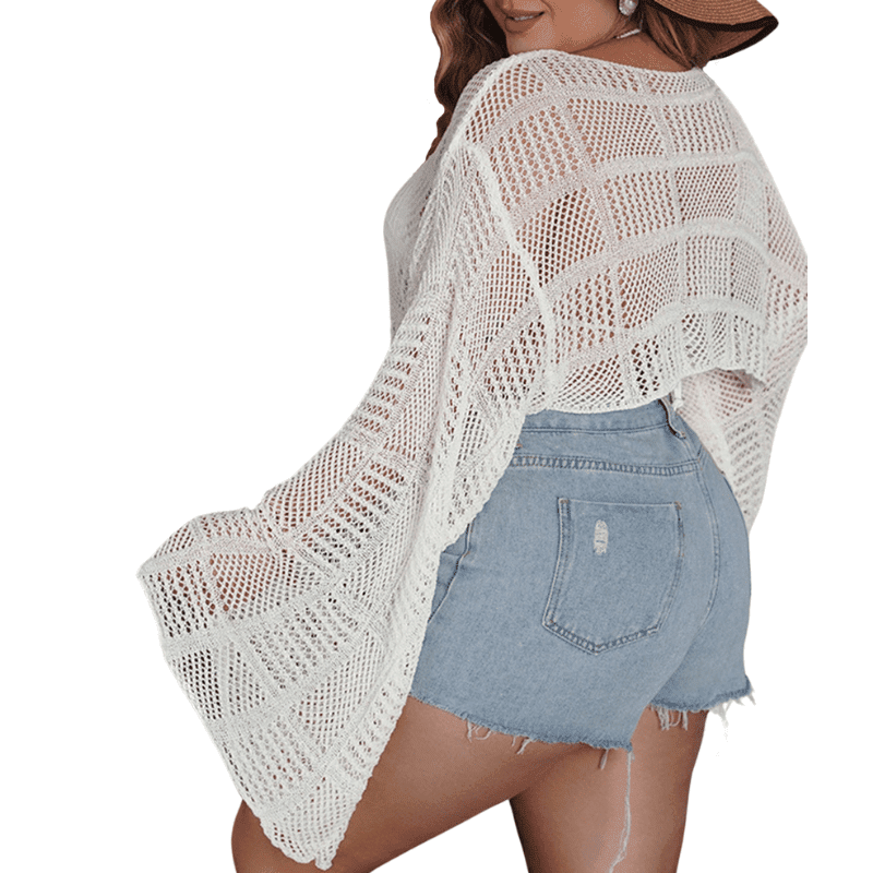 White Chic Plus Size Boat Neck Top with Flare Sleeves & Openwork Detail