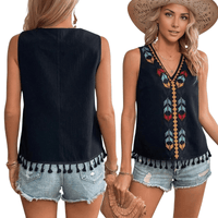 Thumbnail for Black Boho Chic Printed V-Neck Tank Top with Tassels