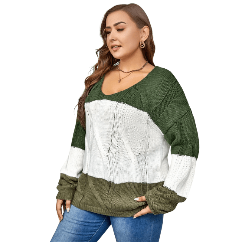 Chic Plus Size Green Ribbed Knit Sweater with Long Sleeves
