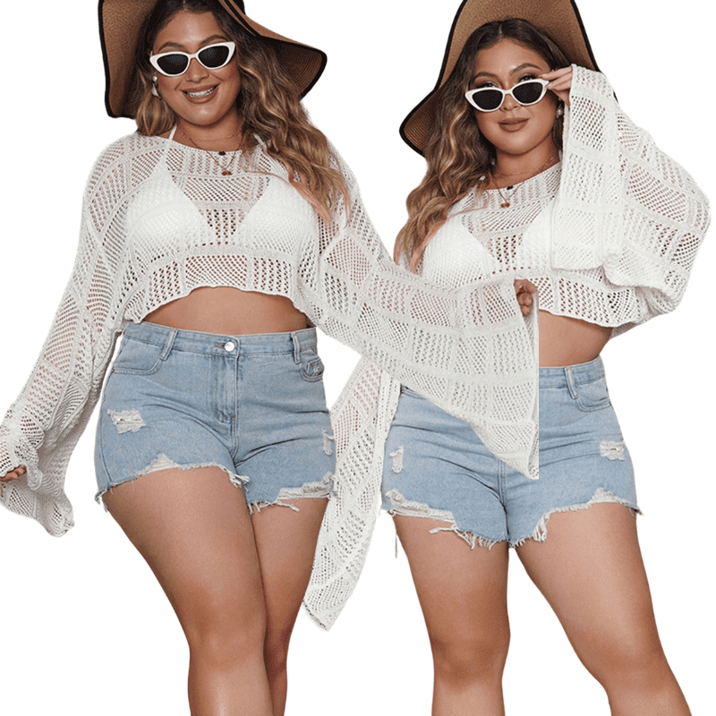 White Chic Plus Size Boat Neck Top with Flare Sleeves & Openwork Detail