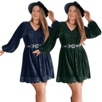 Thumbnail for Plus Size Lace Detail V-Neck Bell Sleeve Mini Green Dress