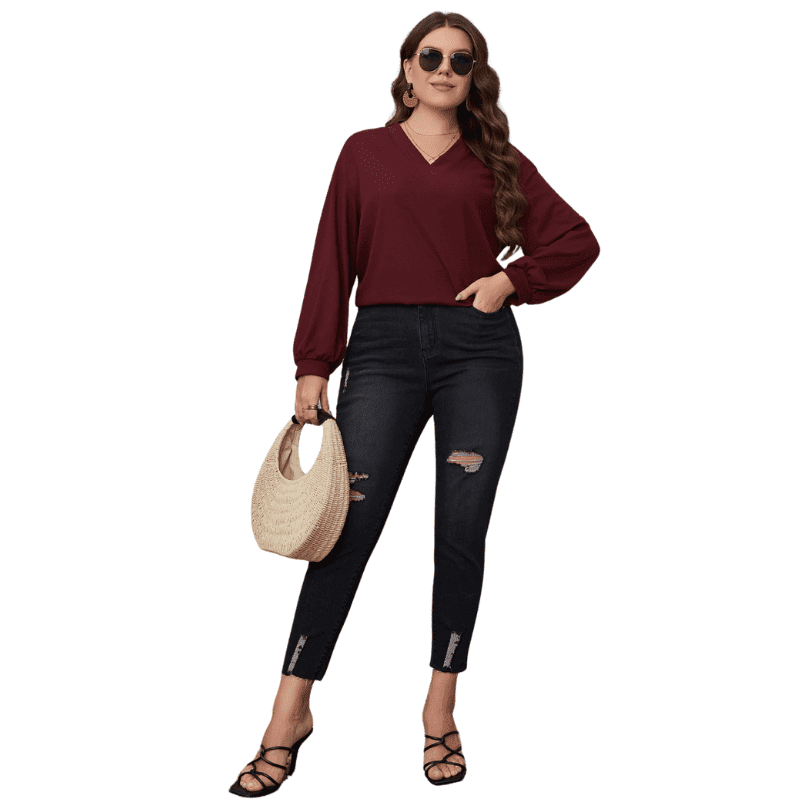 Trendy Plus Size Red V-Neck Blouse with Drop Shoulder