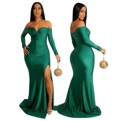 Green Elegant Off Shoulder Ruched Maxi Dress with Slit