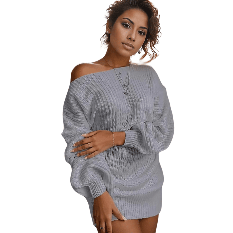 Grey Off-Shoulder Women's Knitted Sweater Dress