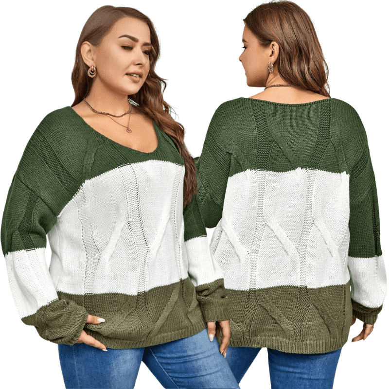 Chic Plus Size Green Ribbed Knit Sweater with Long Sleeves