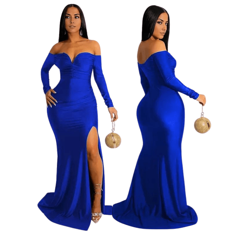Blue Elegant Off Shoulder Ruched Maxi Dress with Slit