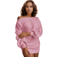 Thumbnail for Pink Off-Shoulder Women's Knitted Sweater Dress