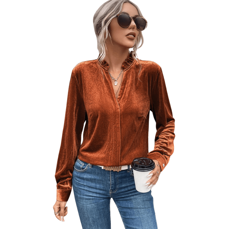Chic Velvet Blouse with Notched Frill Detail & Long Sleeves