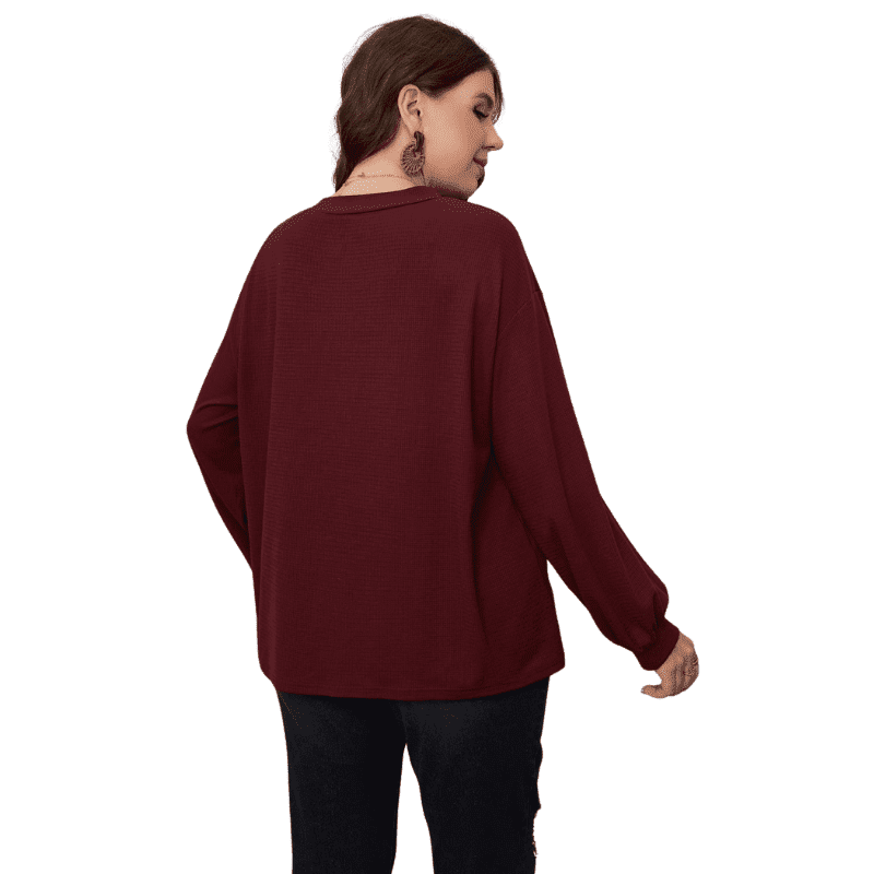 Trendy Plus Size Red V-Neck Blouse with Drop Shoulder