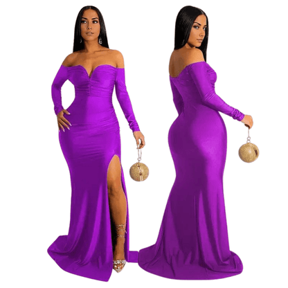Purple Elegant Off Shoulder Ruched Maxi Dress with Slit
