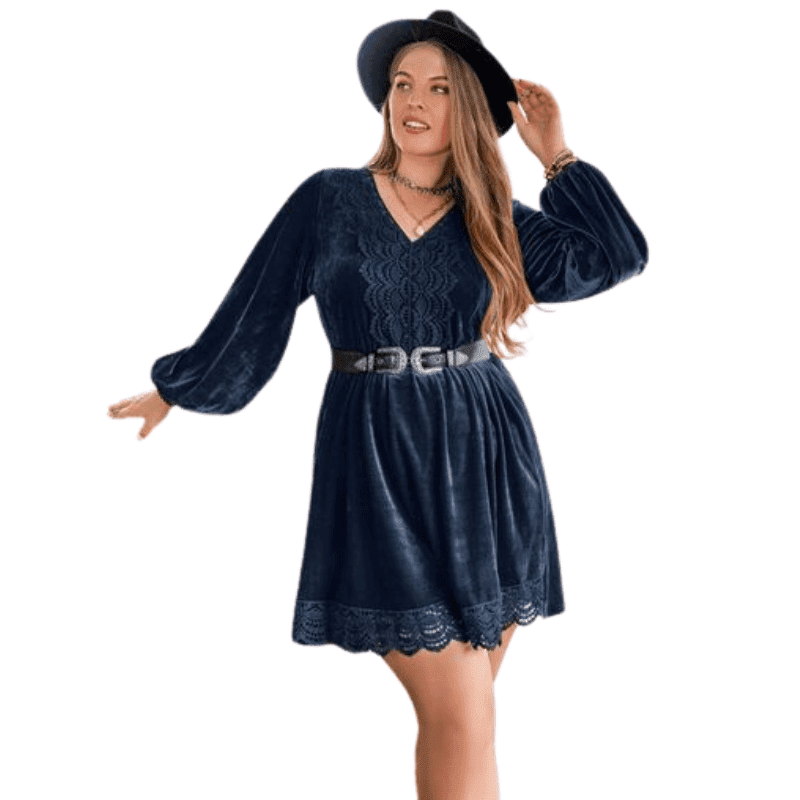 Plus Size Lace Detail V-Neck Bell Sleeve Mini Blue Dress