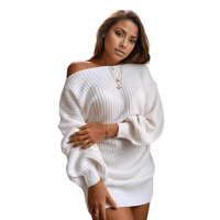 Thumbnail for White Off-Shoulder Women's Knitted Sweater Dress