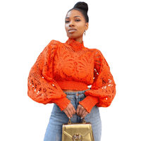 Thumbnail for Chic Lantern Sleeve Orange Crop Top with Hollow Details