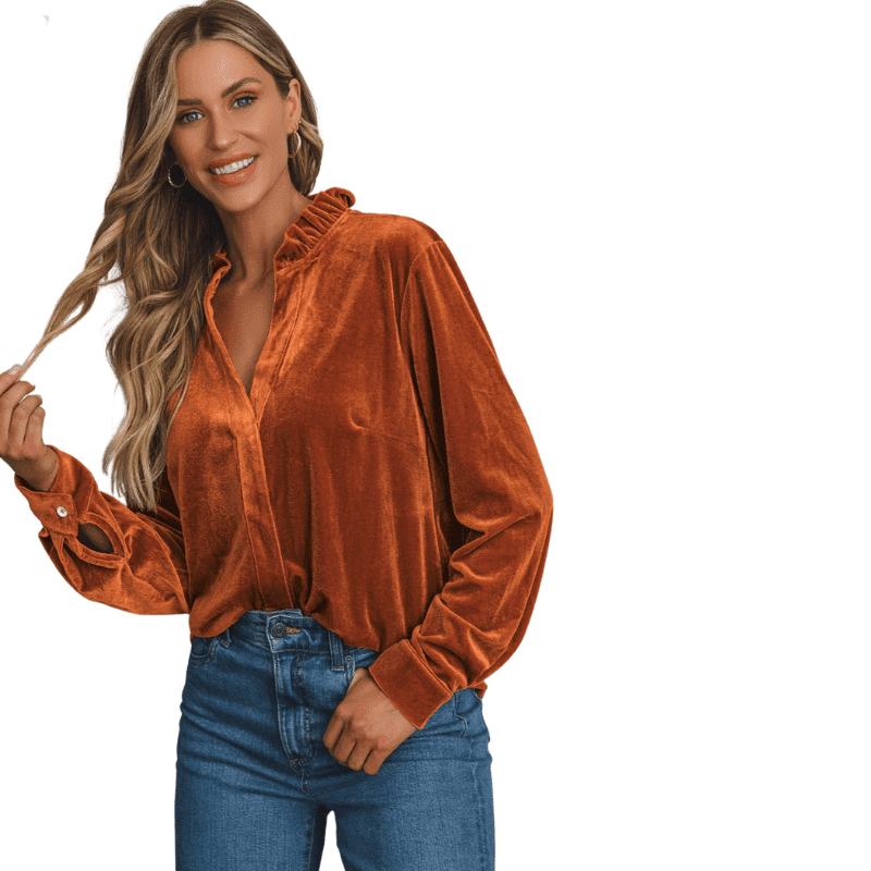 Chic Velvet Blouse with Notched Frill Detail & Long Sleeves
