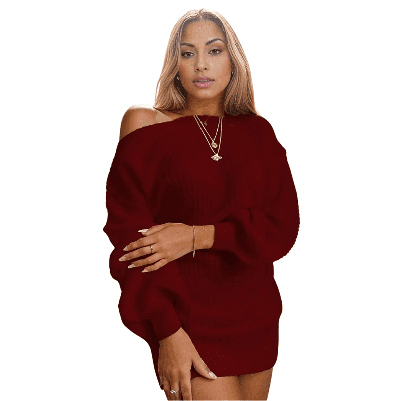 Red Off-Shoulder Women's Knitted Sweater Dress