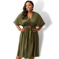 Thumbnail for Plus Size Trendy Button Down Fit and Flare Green Dress w Belt Sensationally Fabolous