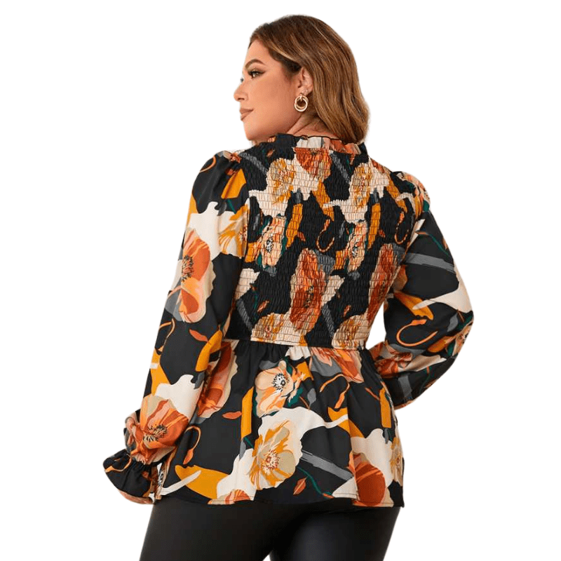 Floral Plus Size Babydoll Top with Elastic Long Sleeves