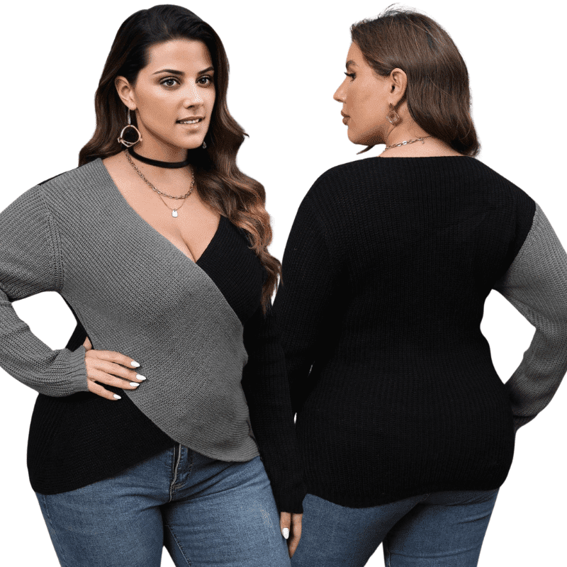 Chic Plus Size Surplice Neck Sweater in Two-Tone Design