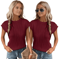 Thumbnail for Red Stylish Textured Cap Sleeve Round Neck Top