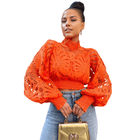 Thumbnail for Chic Lantern Sleeve Orange Crop Top with Hollow Details