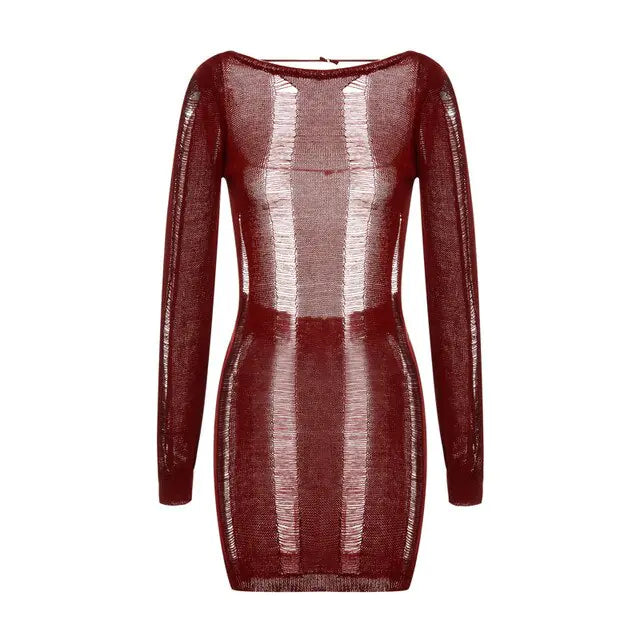 See-Through O-neck Long Sleeve Knitted Maroon Dress