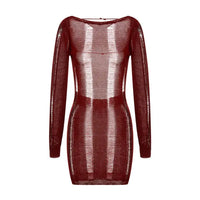Thumbnail for See-Through O-neck Long Sleeve Knitted Maroon Dress