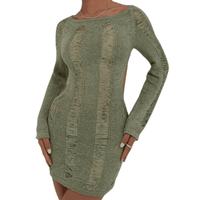 Thumbnail for See-Through O-neck Long Sleeve Knitted Olive Dress