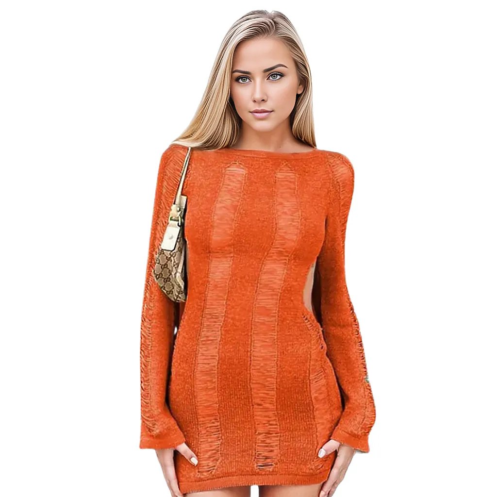 See-Through O-neck Long Sleeve Knitted Orange Dress