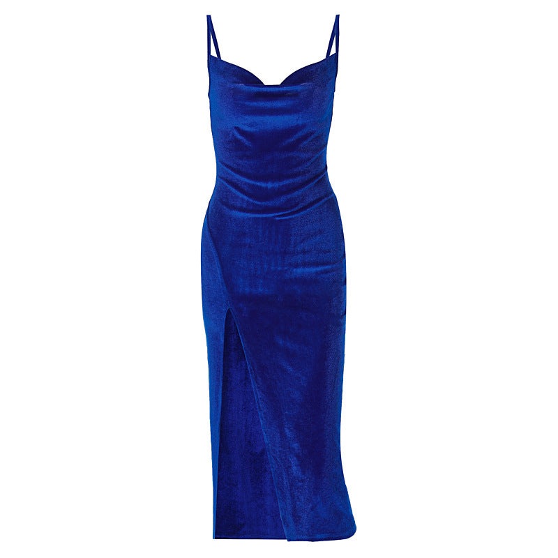 Blue Luxe Velvet Midi Bodycon Club Dress