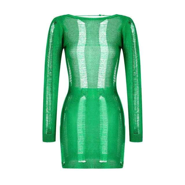 See-Through O-neck Long Sleeve Knitted Green Dress