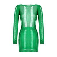Thumbnail for See-Through O-neck Long Sleeve Knitted Green Dress