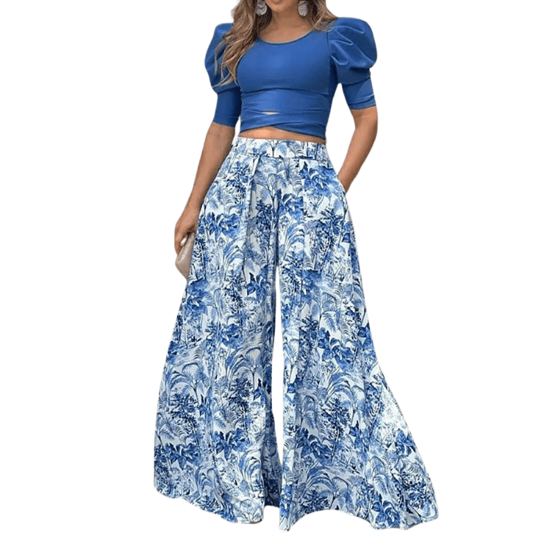 Puff Sleeve Crop Top and Wide Leg Trouser Set