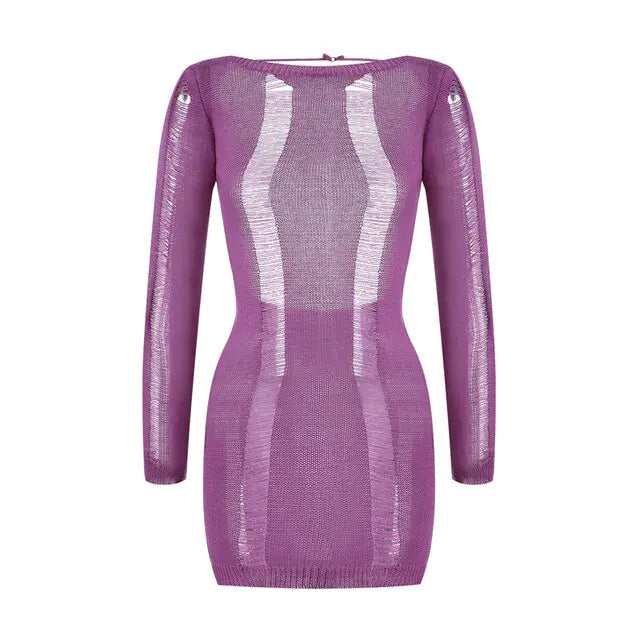 See-Through O-neck Long Sleeve Knitted Purple Dress