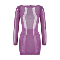 Thumbnail for See-Through O-neck Long Sleeve Knitted Purple Dress