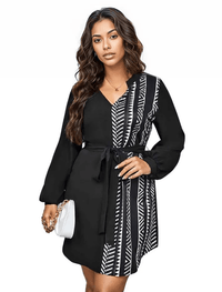 Thumbnail for Trendy Plus Size Black Mini Dress w Notched Neck, Cinched Waist