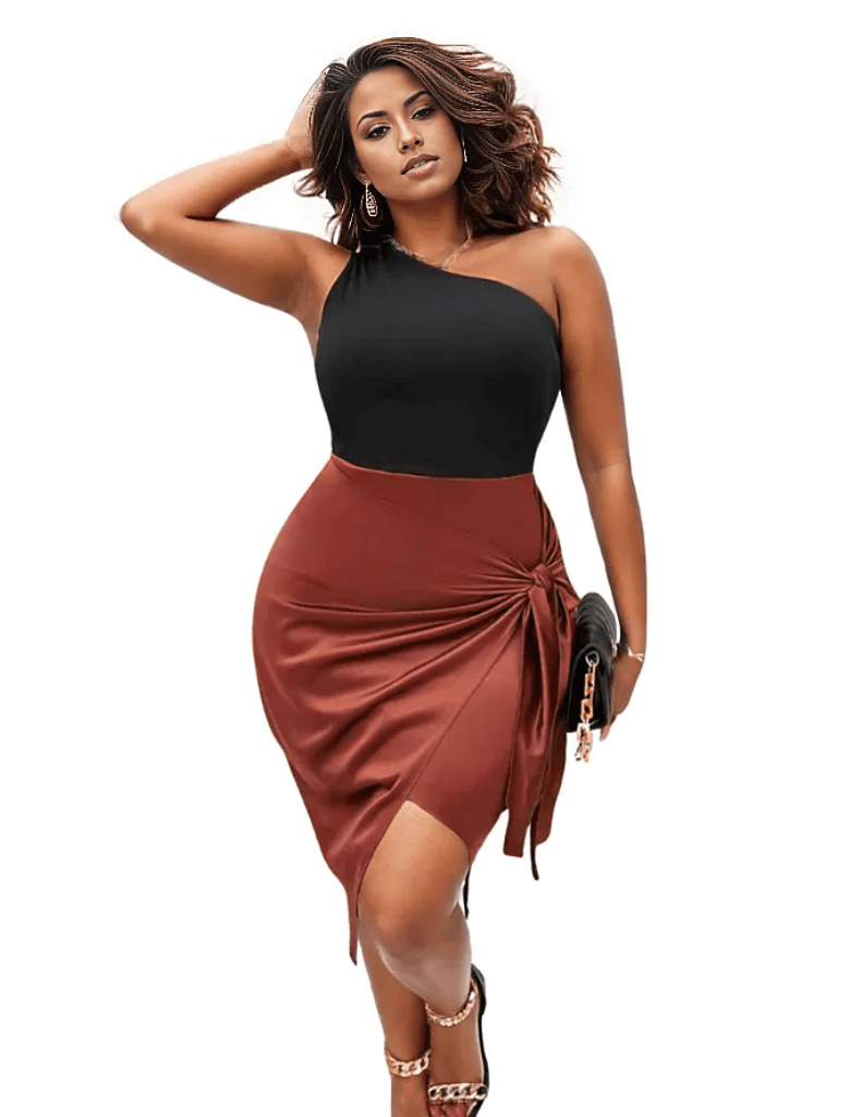 Plus Size One-Shoulder Red and Bllack Dress with Sleeveless Tie Detail
