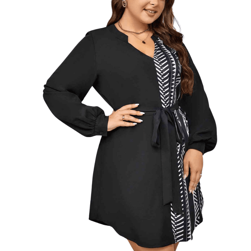 Trendy Plus Size Black Mini Dress w Notched Neck, Cinched Waist