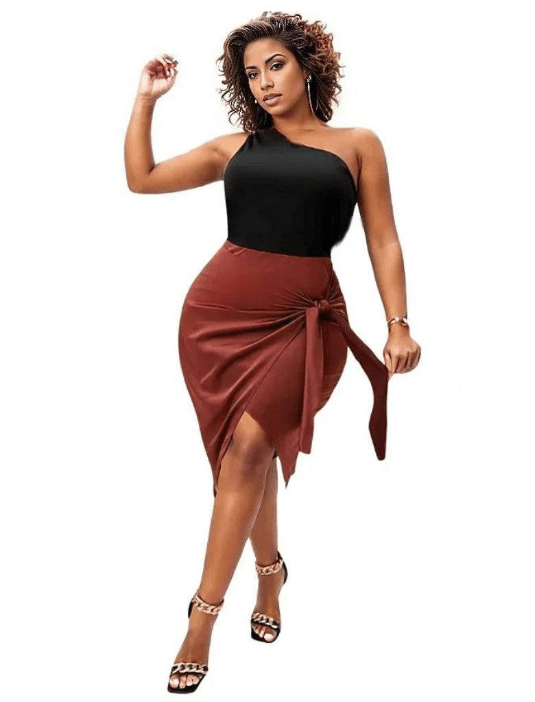 Plus Size One-Shoulder Red and Bllack Dress with Sleeveless Tie Detail