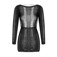 Thumbnail for See-Through O-neck Long Sleeve Knitted Black Dress