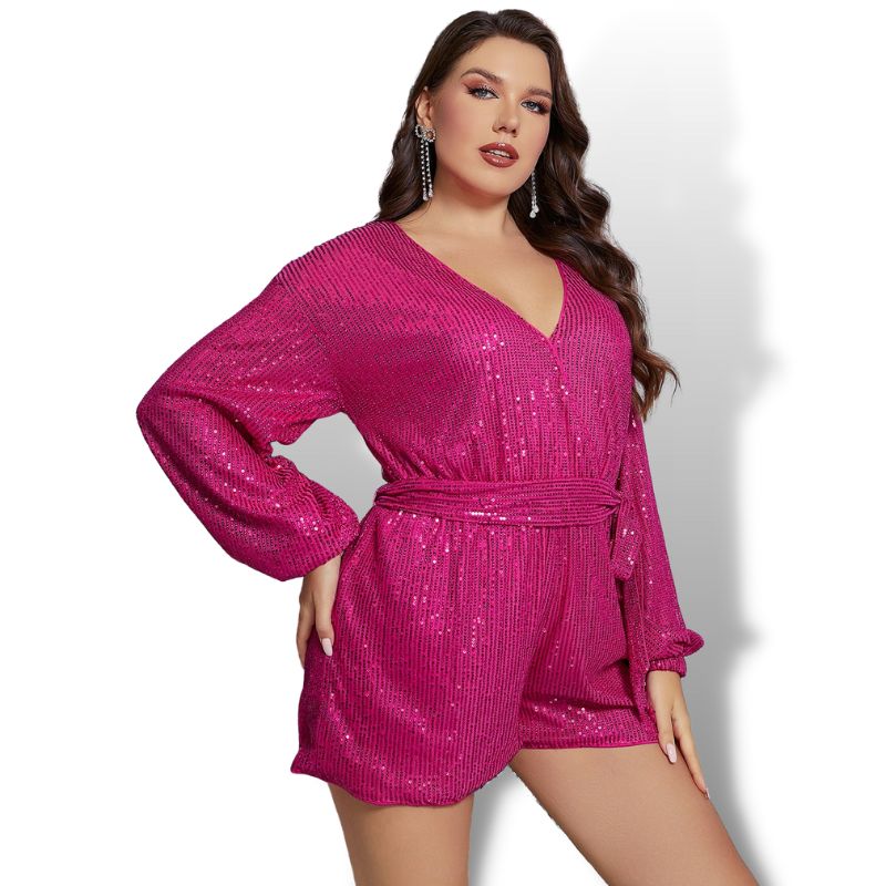 Pink Curve Plus Romper Lantern Sleeve Belted Sequin Short Jumpsuit Sensationally Fabulous