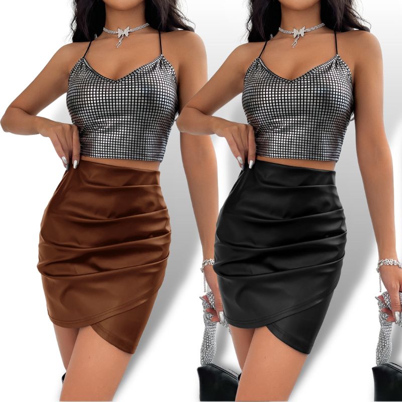 PU Leather Bodycon Ruched Wrap Skirt Sensationally Fabulous