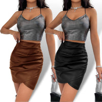 Thumbnail for PU Leather Bodycon Ruched Wrap Skirt Sensationally Fabulous