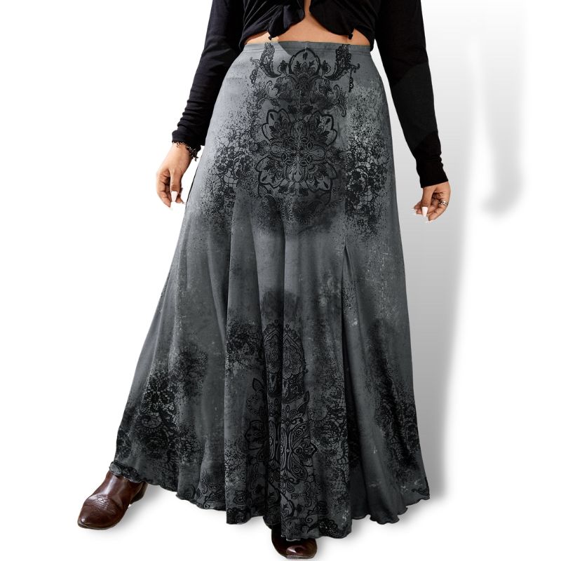 Curve Plus Dark Grey Floral Print Goth Maxi Skirt Sensationally fabulous