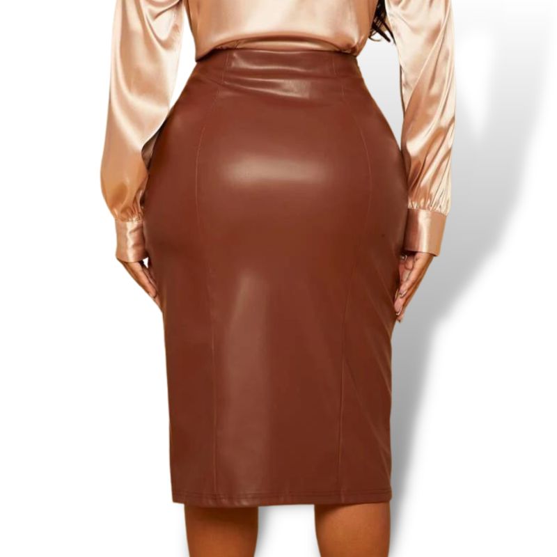 Rust Brown High Waist Split Hem PU Leather Skirt Sensationally Fabulous