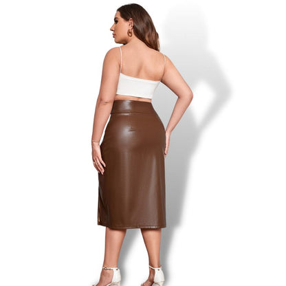 Brown Curve Plus High Waist Split Hem PU Leather Skirt Sensationally Fabulous