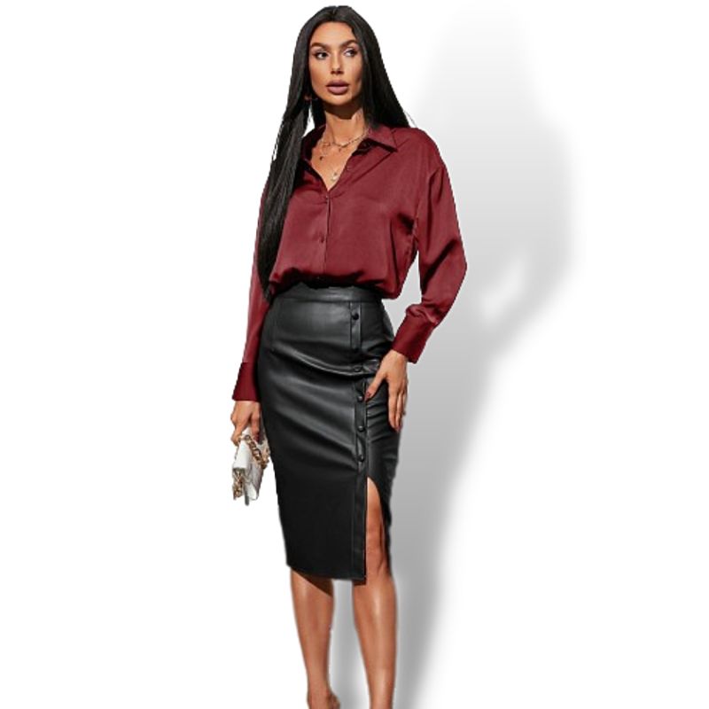 Black Button Split Hem PU Leather Skirt Sensationally Fabulous