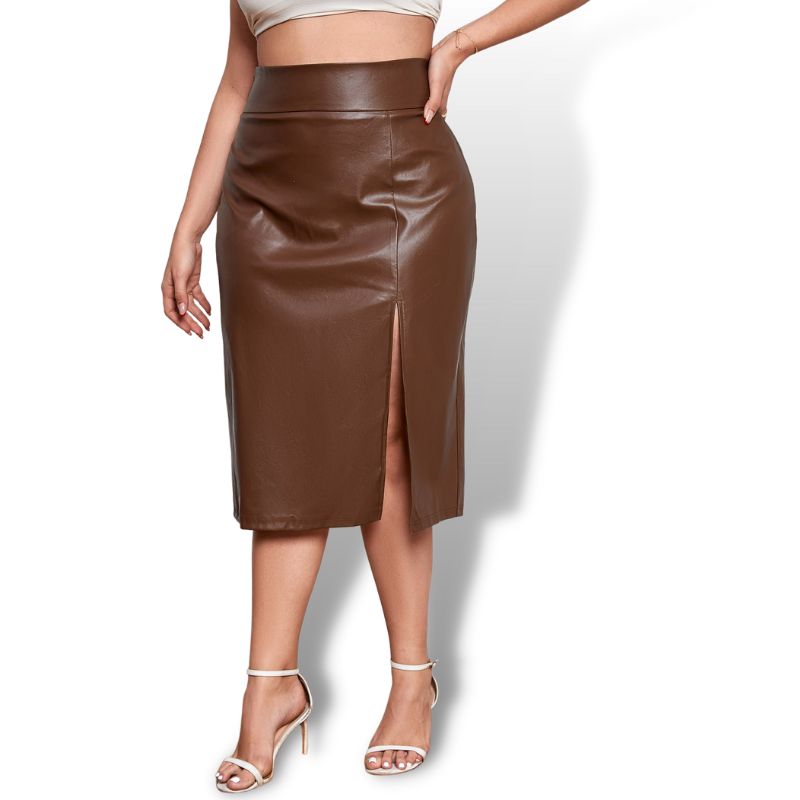Brown Curve Plus High Waist Split Hem PU Leather Skirt Sensationally Fabulous