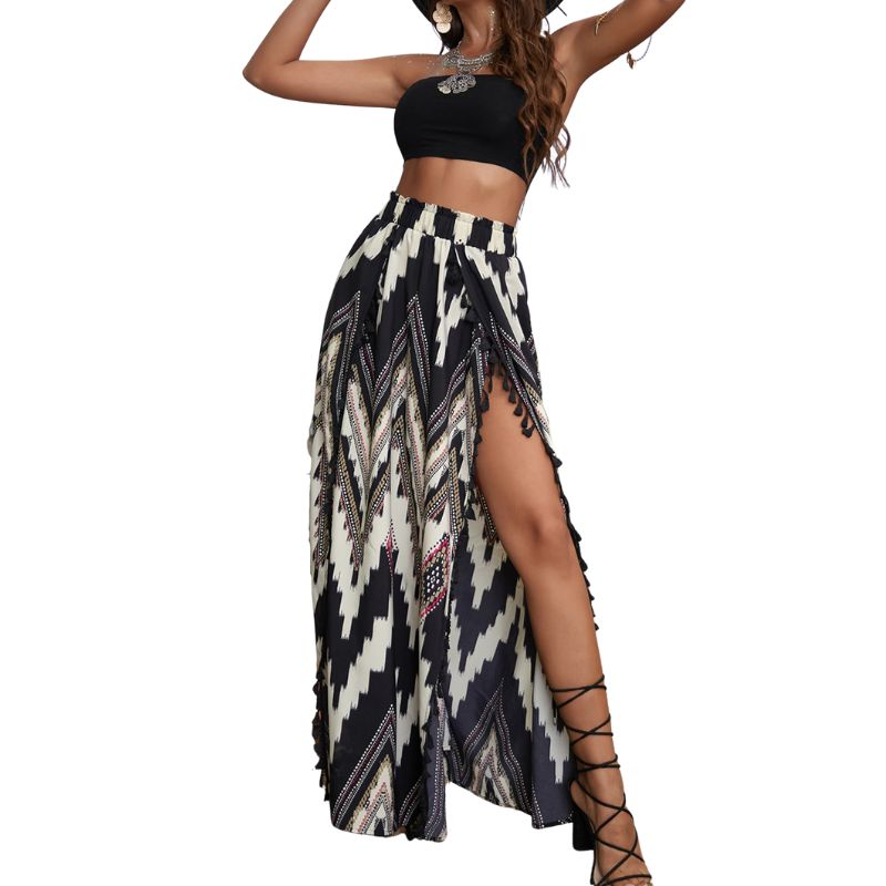 Boho Chevron Print Tassel Trim Maxi Skirt Sensationally Fabulous