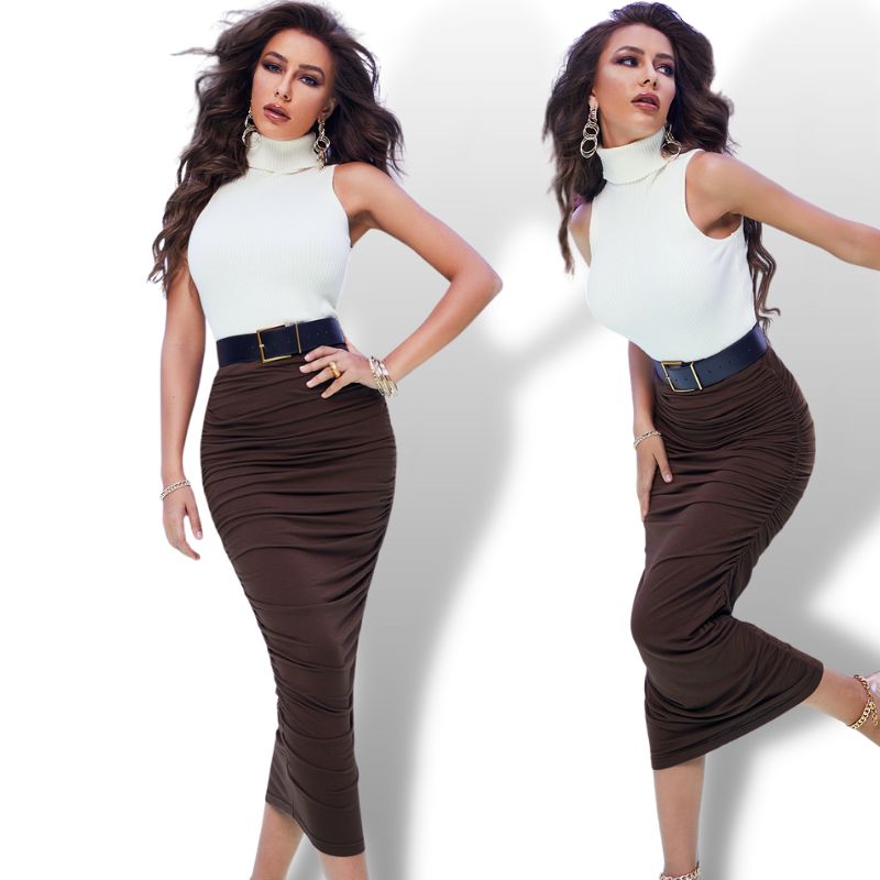 Brown Ruched Pencil Skirt Sensationally Fabulous